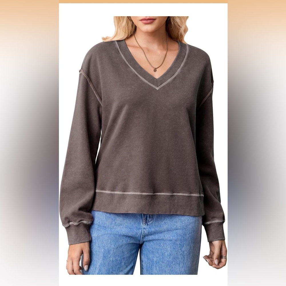 Women's 100% Cotton Retro Sweatshirt V-Neck Long Sleeve Loose Fit L/ 629-9